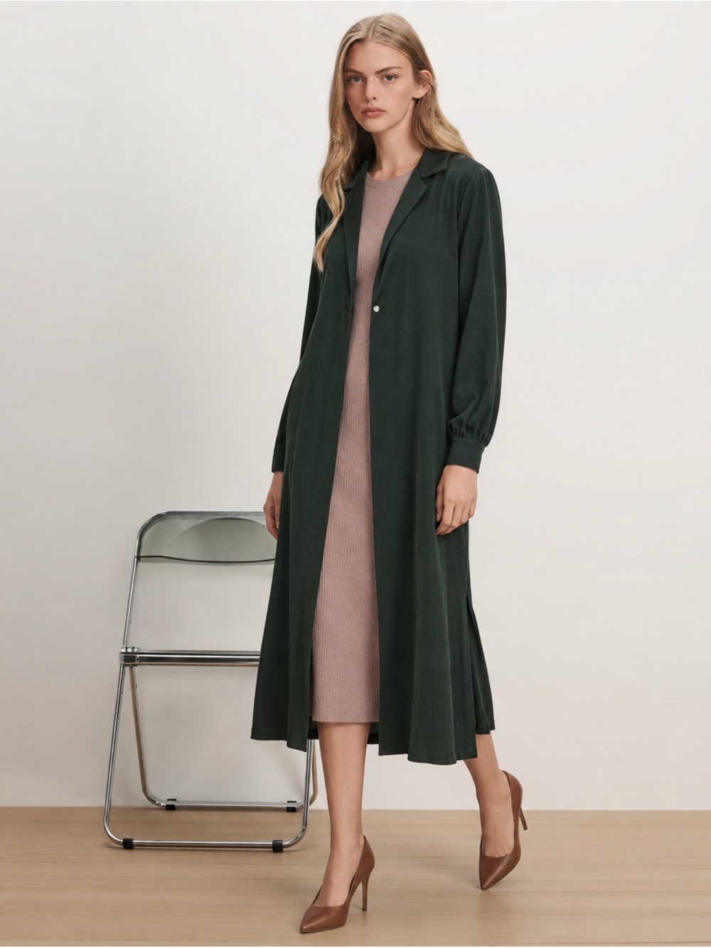 Fabiana Filippi Green Silk Cardigan Maxi Shirt Dress Size 46 Large
